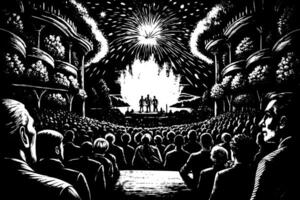 Dramatic Black and White Theater Performance Illustration with Audience and Fireworks vector