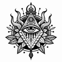 Mystical Eye Mandala with Geometric and Botanical Elements in Black and White vector