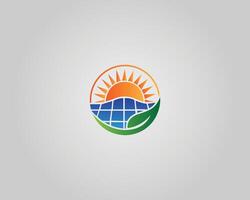 Solar panel with sun and leaf logo design template. vector