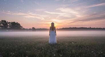 Ethereal figure facing the dawn in a misty field of dreams - Generated using AI photo