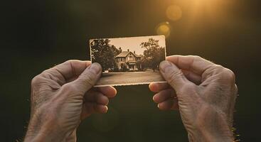 Nostalgic glimpse - A man holds a vintage photograph of a house - Generated using AI photo
