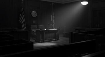 Monochrome Depiction of an Empty Courtroom with National Flags - Generated using AI photo