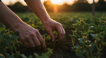 Hands planting seedlings in a field at sunset - Generated using AI photo