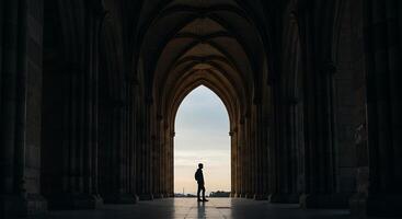 Silhouette of a figure standing under an archway with towering pillars - Generated using AI photo