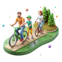 extraordinary minimalist Family Cycling on Green Path Side View Isolated original png