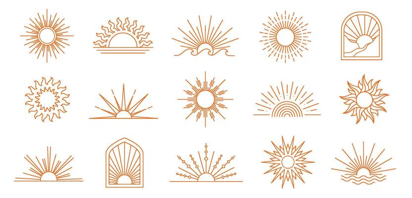 Sun line icons. Geometric boho sun, minimalist linear sunrise and sunset outline emblems. Bohemian sunbeam emblem elements with rays, arch and wave shapes set with editable stroke paths