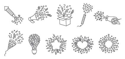Hand drawn confetti blast. Party popper doodle, celebration burst and fireworks, surprise box, cannon and frame with streamers and confetti splashes. Sketch confetti explosion outline icons set vector