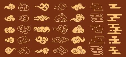 Pixel art oriental lucky clouds. Asian cloud shapes, pixelated Japanese ornaments, Chinese Xiangyun auspicious clouds and retro 8 bit decorative smoke elements isolated vectors set