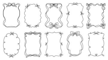 Curly ribbon frames with bows. Doodle cute ribbon border outlines, simple decorative swirl line and sketch bow for coquette label designs. Hand drawn girly vertical frame templates set vector