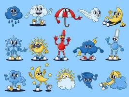 Retro cartoon weather characters. Groovy forecast mascots, vintage 30s animation style weather symbols. Funny cloud, sun, moon, snow, wind, thermometer, storm, tornado character set vector