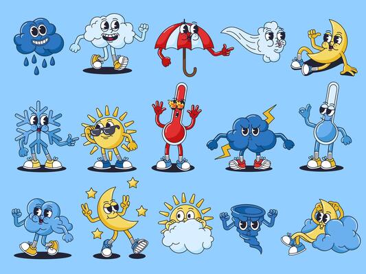 Retro cartoon weather characters. Groovy forecast mascots, vintage 30s animation style weather symbols. Funny cloud, sun, moon, snow, wind, thermometer, storm, tornado character set