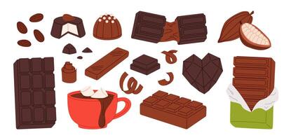 Cocoa chocolate. Assorted chocolate products, candy and cocoa ingredients. Dark and milk bars, pralines, cocoa beans, hot chocolate mug with marshmallows, shavings. Sweet food cartoon set vector