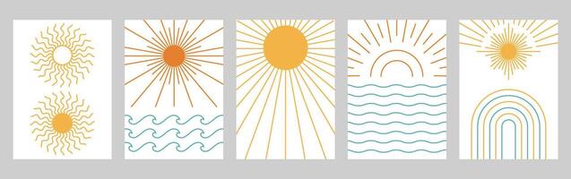 Boho sun poster backgrounds. Abstract sun rays, bohemian wall art prints with sunrise and sea waves. Minimalist decor with sunbeams, arches and geometric lines set with editable stroke paths vector