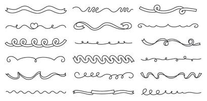 Curly confetti ribbon separator lines. Doodle curl decorative text dividers, hand drawn wavy line borders and sketch swirl underline ribbons. Outline page break graphics set vector