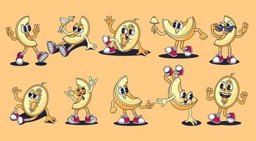 Retro cartoon melon characters. Groovy fruit mascots, vintage 30s animation style cantaloupe or honeydew melon slices. Funny smiling summer fruit character poses with hands and legs set vector