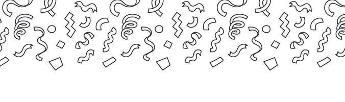 Doodle confetti border outline. Party pattern divider with doodle streamers and hand drawn ribbon shapes. Falling confetti line art footer or header background vector