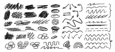 Crayon scrawls. Charcoal sketch squiggly lines, hatched shapes, hand drawn scribbles, doodle arrows, swirls and check marks with grunge textured line. Wavy and zigzag pencil strokes set vector