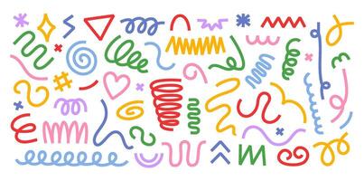 Abstract scribble stripe doodle shapes. Hand drawn wavy and curly lines, swirls, spirals and squiggles. Colorful retro decoration design elements set vector