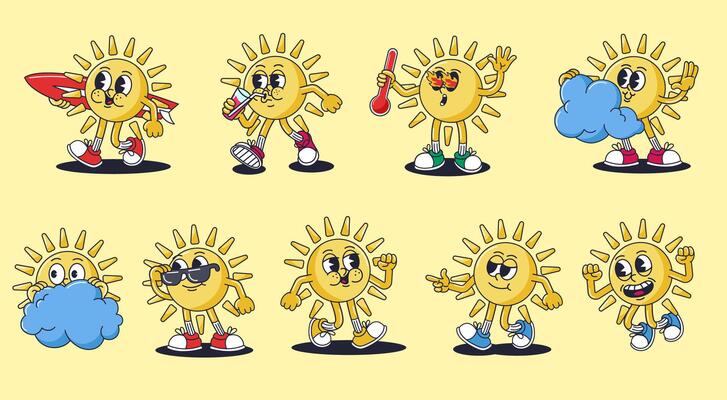 Retro cartoon sun characters. Summer mascot, groovy smiling sunshine character, hot weather and surfer sun 30s rubber hose animation style illustration set
