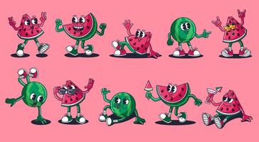 Retro cartoon watermelon characters. Groovy fruit mascots, vintage 30s animation style watermelon slices and whole fruit. Funny smiling summer food character poses with hands and legs set vector