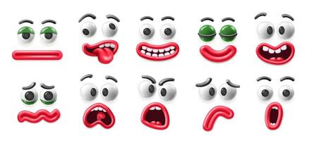Cartoon 3D faces. Happy smile, sad emoji, crying face and excited expressions with cartoon googly eyes and plasticine mouths. Facial expression elements for mascot character design isolated set vector