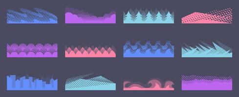 Halftone footer dividers. Layered page separators with dot pattern, horizontal banner backdrop and page break border decorations. Abstract dotted layers backgrounds set vector