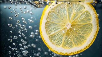 Vibrant lemon slice dropped in sparkling water creating bubbles underwater macro shot refreshing concept video