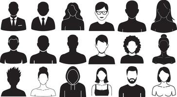 Flat Full Black Silhouettes of 18 Front-Facing Avatars in Various Hairstyles and Outfits, Minimal Upper Body Icons for Profile, UI, App, Business, or Web Use vector