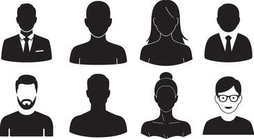 Set of 8 Flat Full Black Avatar Silhouettes Showing Front-Facing Minimalist Half-Body Icons in Different Hairstyles and Outfits for Profile or Interface Design vector