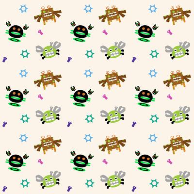 Seamless pattern colorful doodle cartoon robot crabs in various whimsical designs and expressions.