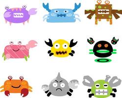 Colorful doodle cartoon robot crabs in various whimsical designs and expressions. vector
