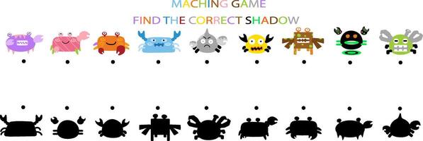 Colorful cartoon crabs with shadows for a matching game challenge. vector