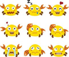 A colorful cartoon crab displaying a variety of facial expressions, including happy, sad, angry, and sleepy. vector