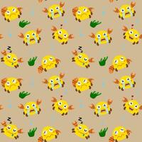A playful, colorful pattern seamless featuring cartoon crab with various expressions and green seaweed elements vector
