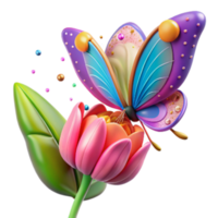 vibrant minimalist Brightly Colored Butterfly on Budding Flower Isolated original png