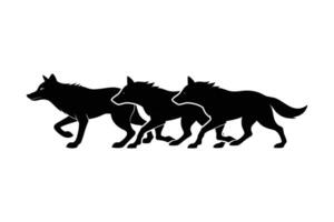Silhouette art illustration of three wolves running in formation and facing left vector