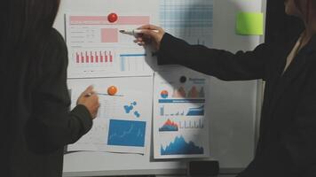 Two people standing in front of a whiteboard with graphs and charts video