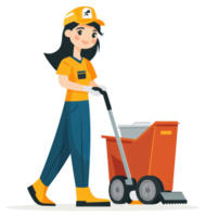 A cheerful worker pushing a cleaning cart. png