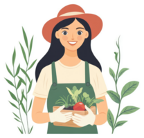 A happy gardener holds a box of fresh vegetables and plants. png