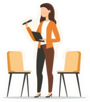 A woman giving a presentation with a microphone and notepad. png