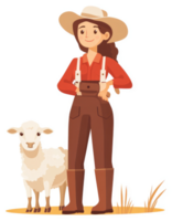 A smiling farmer with a sheep stands proudly in a field. png