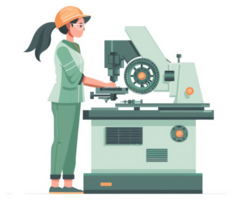 A woman operates a precision machine tool in a manufacturing setting. png