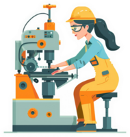 A female technician operates a precision machine in a manufacturing setting. png