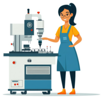A woman operates a complex automated machine in a manufacturing setting. png