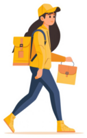 A young person wearing a yellow jacket and carrying a backpack and satchel walks. png