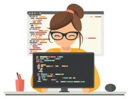 A female programmer focused on coding on a computer screen. png