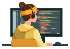 A young woman intently focusing on coding on a computer monitor. png