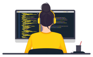 A programmer working on a computer with code displayed on the screen. png