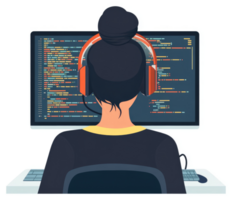 A female programmer concentrating on lines of code displayed on a computer monitor. png