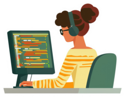 A woman working on a computer coding. png